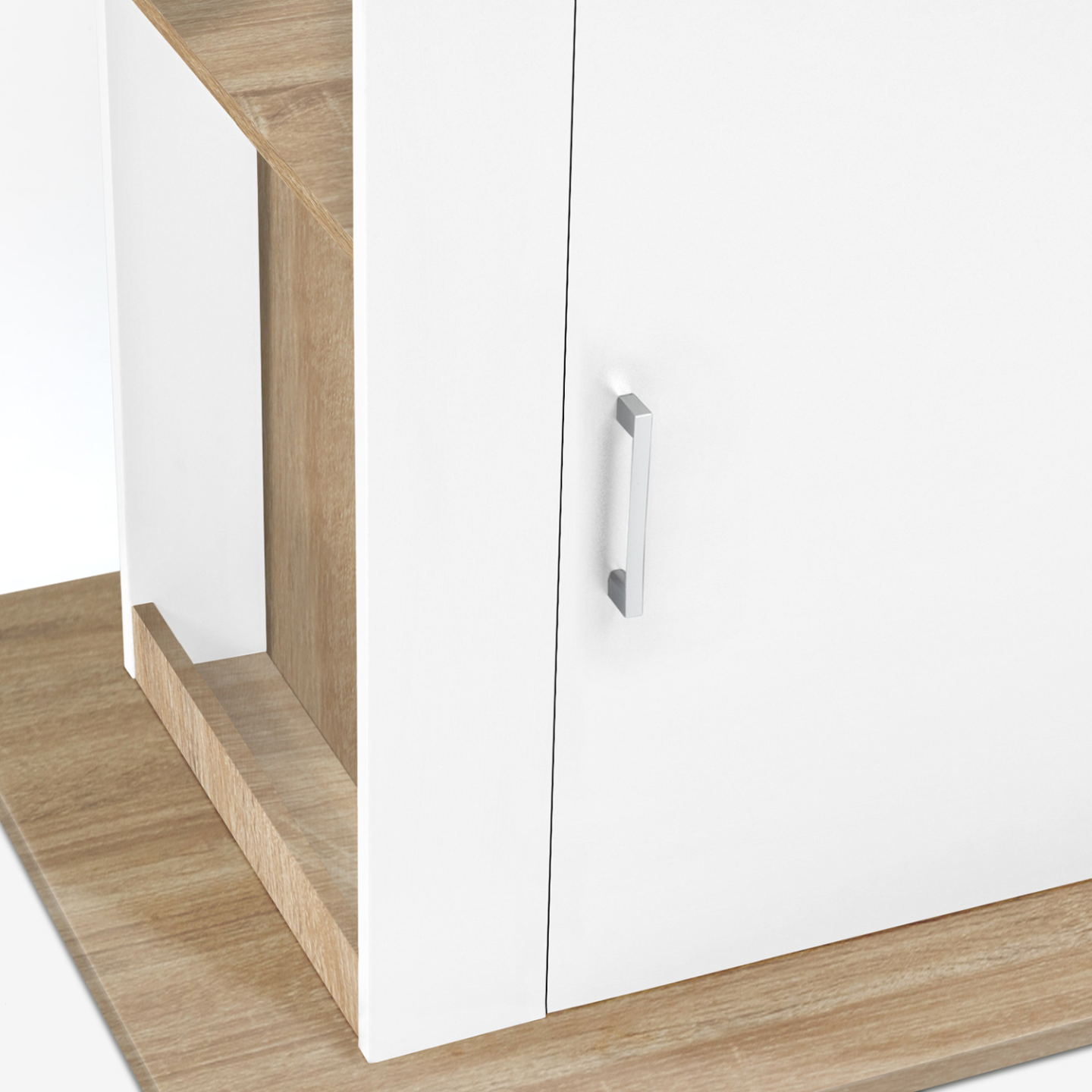 Ilot central UGO 110 cm bois blanc et imitation hêtre avec rangements - Image 9