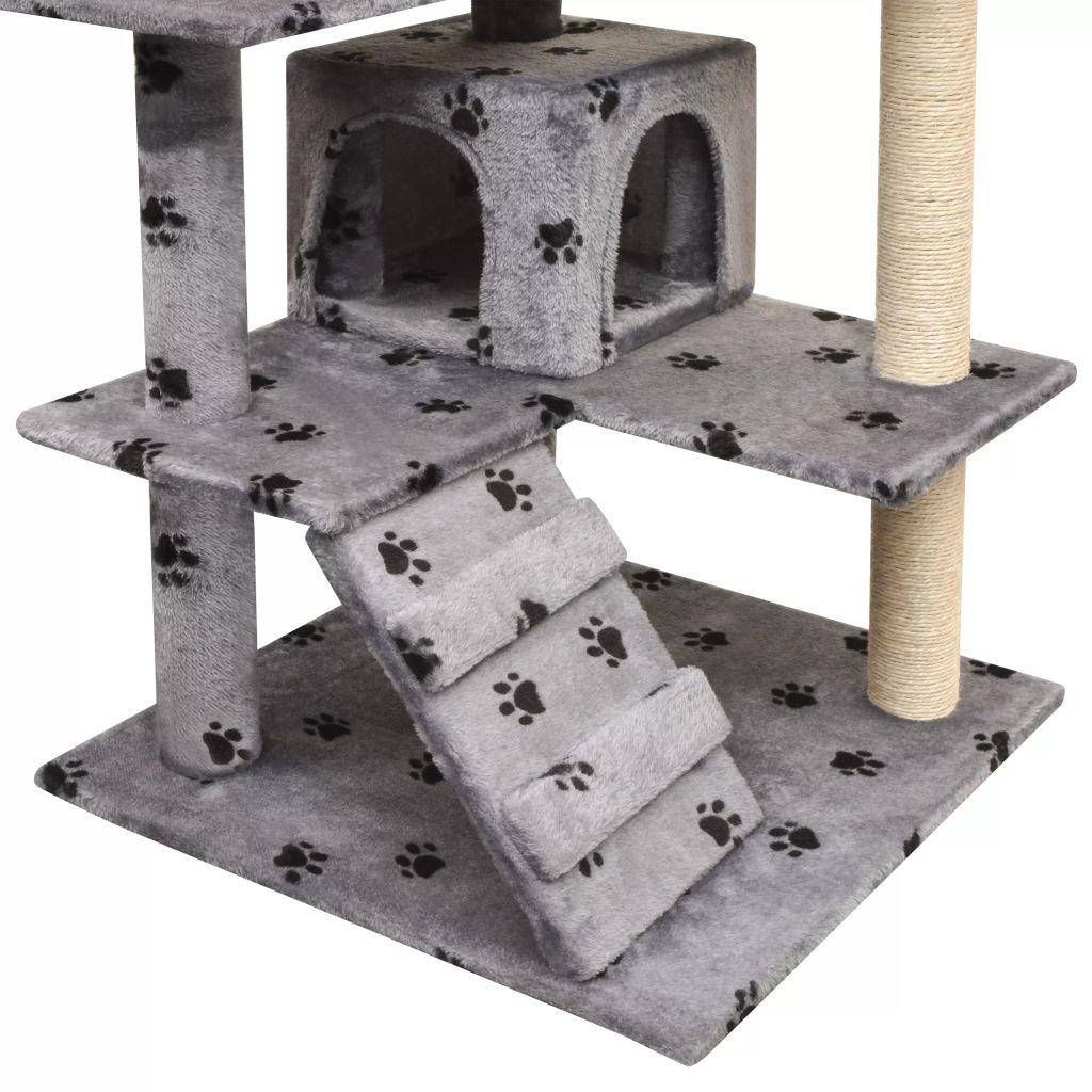 Helloshop26 - Arbre à chat griffoir grattoir niche jouet animaux peluché et sisal 125 cm empreintes de pattes gris - Imagen 3