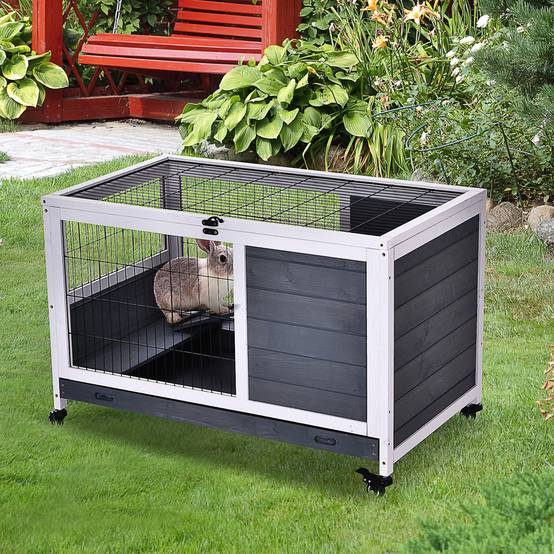 Clapier lapin intérieur bois toit ouvrant plateau amovible 90x53x59cm gris foncé - ComfortXL Outdoor Living - Image 3
