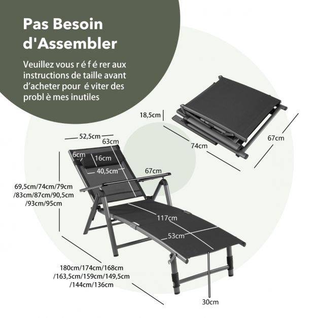 Helloshop26 - Chaise longue d'extérieur en aluminium avec 8 positions de dossier et 2 pieds réglables en tissu à séchage rapide gris - Imagen 5