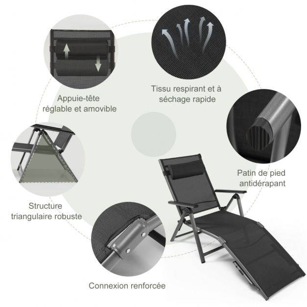 Helloshop26 - Chaise longue d'extérieur en aluminium avec 8 positions de dossier et 2 pieds réglables en tissu à séchage rapide gris - Imagen 3