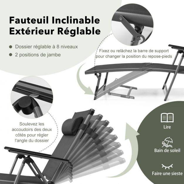 Helloshop26 - Chaise longue d'extérieur en aluminium avec 8 positions de dossier et 2 pieds réglables en tissu à séchage rapide gris - Imagen 4