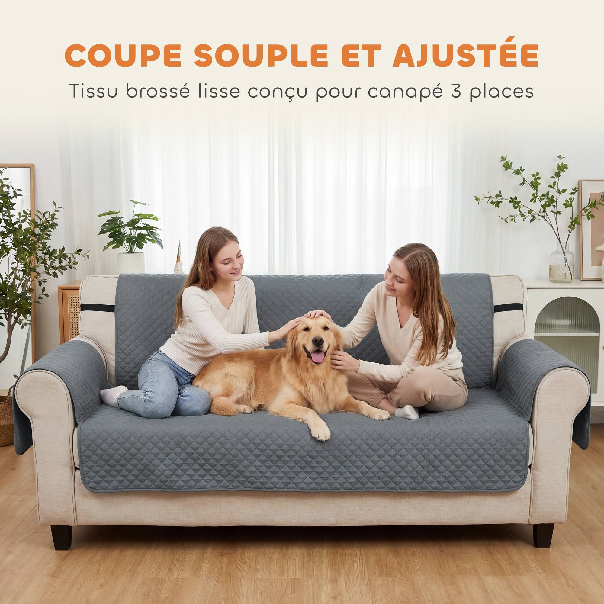 Housse de Canapé Protecteur de Meubles 3 Places Imperméable Anti-glisse avec Poches de Rangement Gris - Image 9