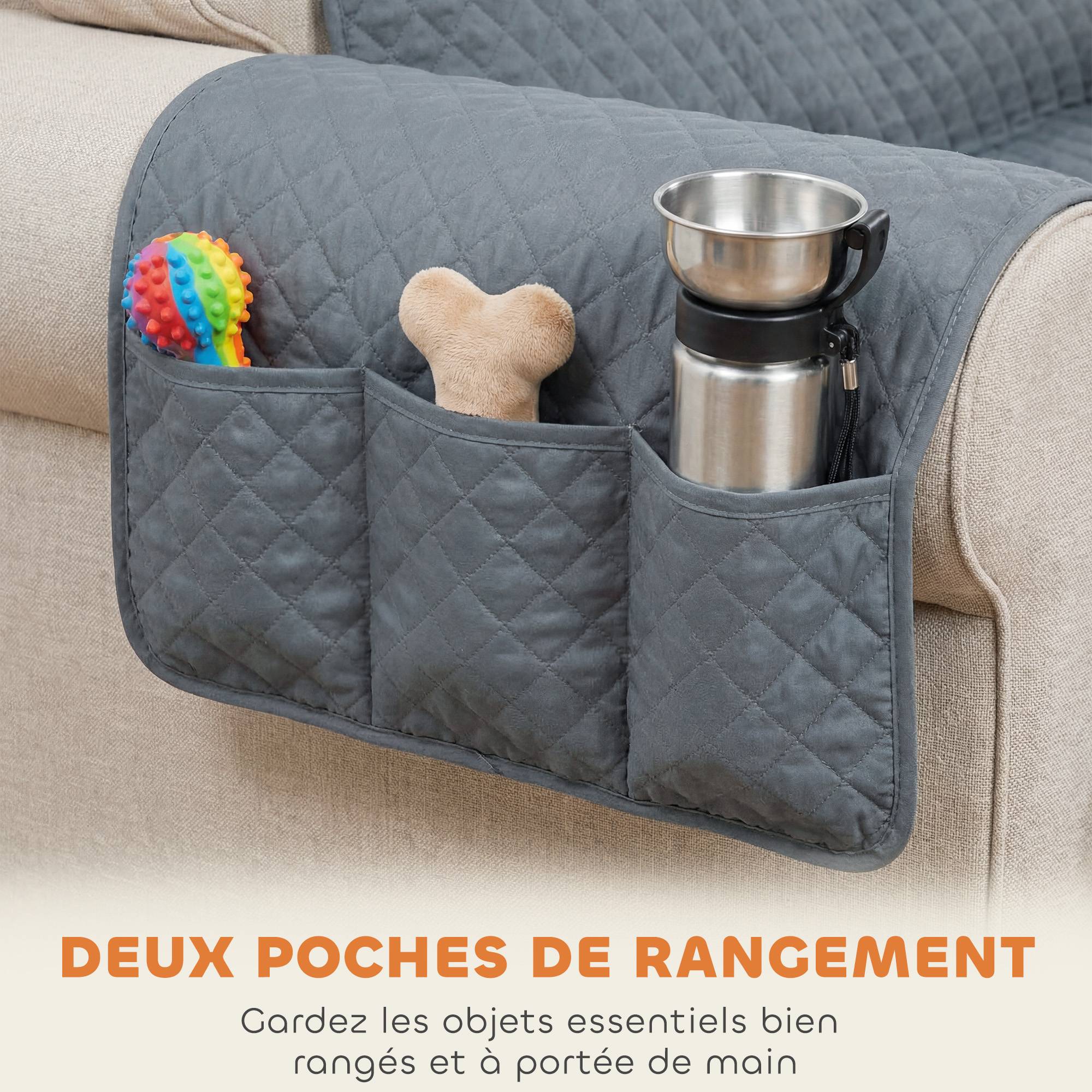 Housse de Canapé Protecteur de Meubles 3 Places Imperméable Anti-glisse avec Poches de Rangement Gris - Image 8