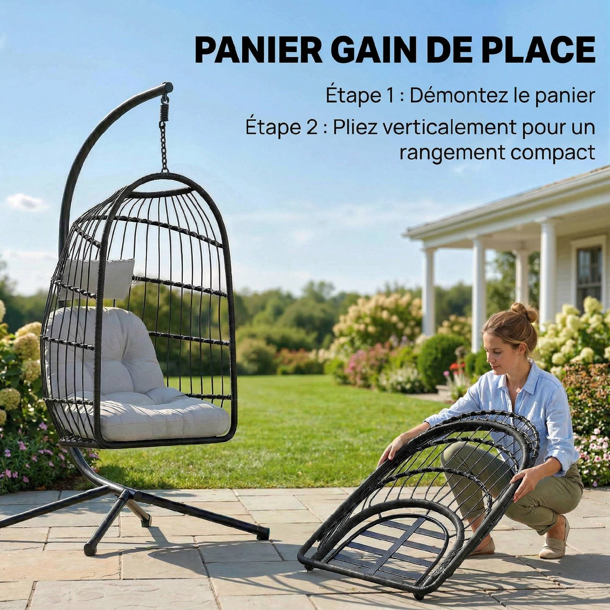 Fauteuil œuf suspendu pliable résine tressée jardin balcon coussin gris clair - ComfortXL Outdoor Living - Image 7