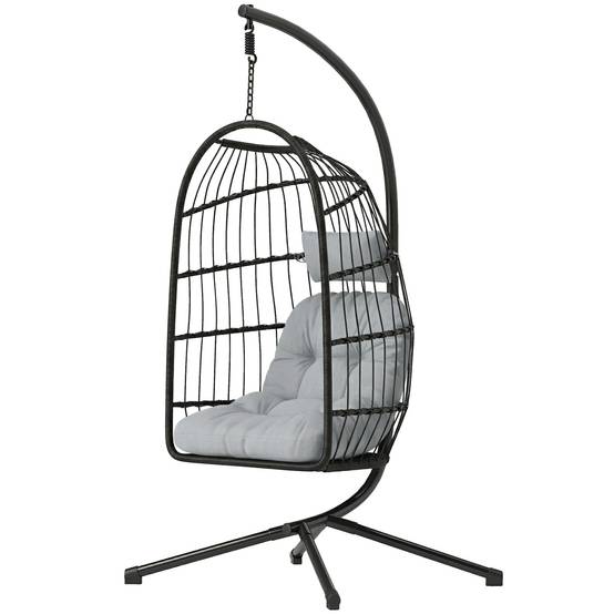 Fauteuil œuf suspendu pliable résine tressée jardin balcon coussin gris clair - ComfortXL Outdoor Living - Image 2