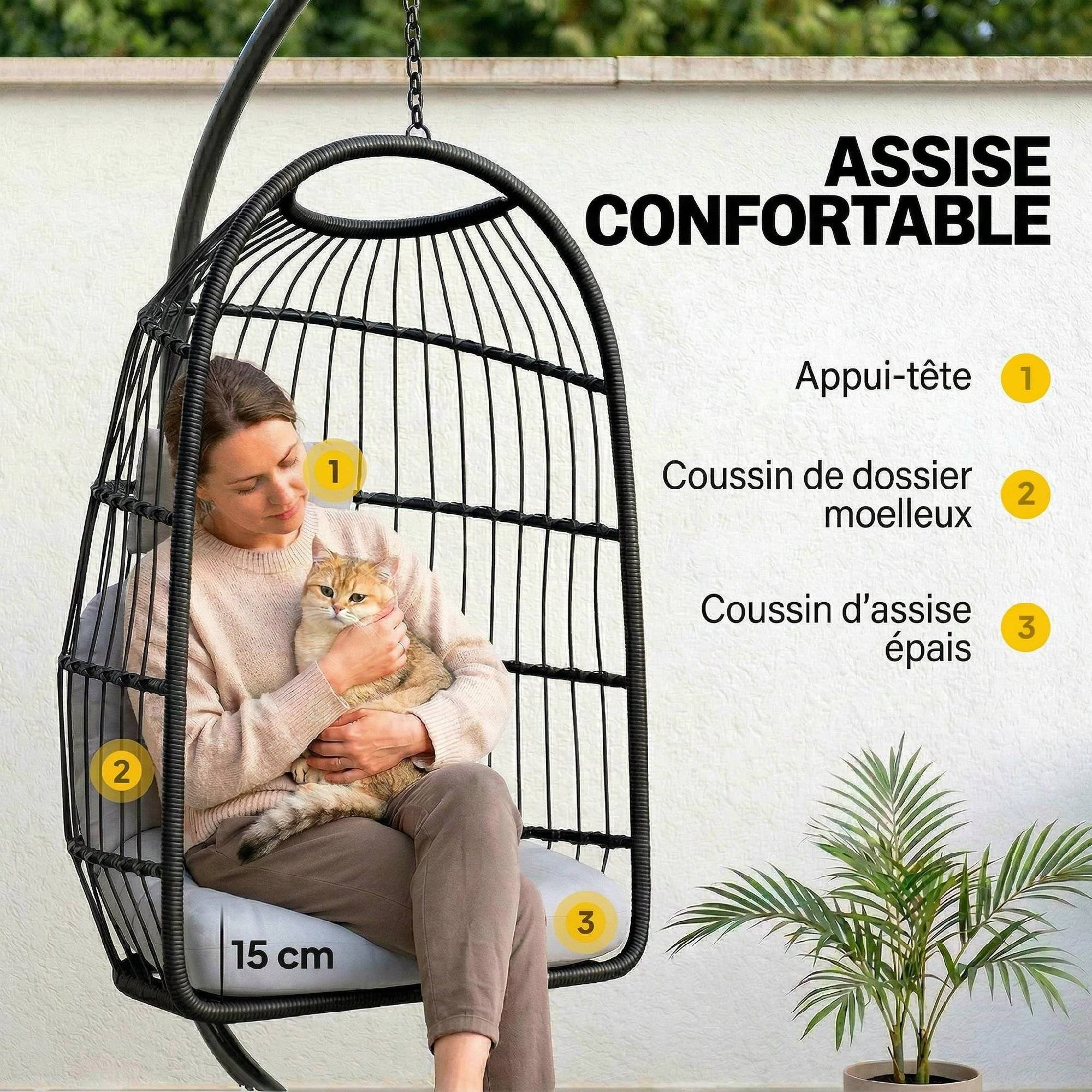 Fauteuil œuf suspendu pliable résine tressée jardin balcon coussin gris clair - ComfortXL Outdoor Living - Image 8