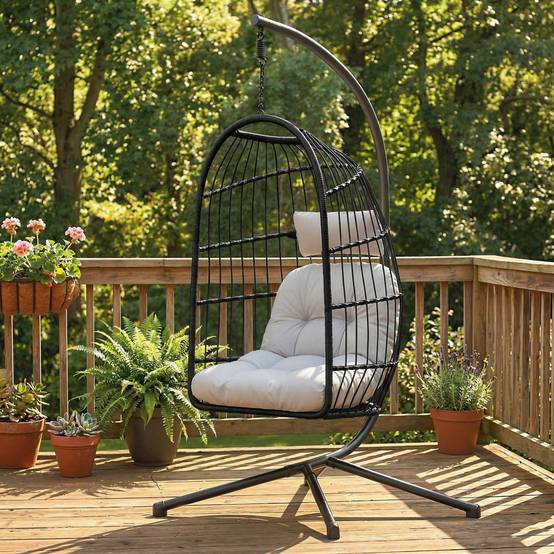 Fauteuil œuf suspendu pliable résine tressée jardin balcon coussin gris clair - ComfortXL Outdoor Living - Image 4