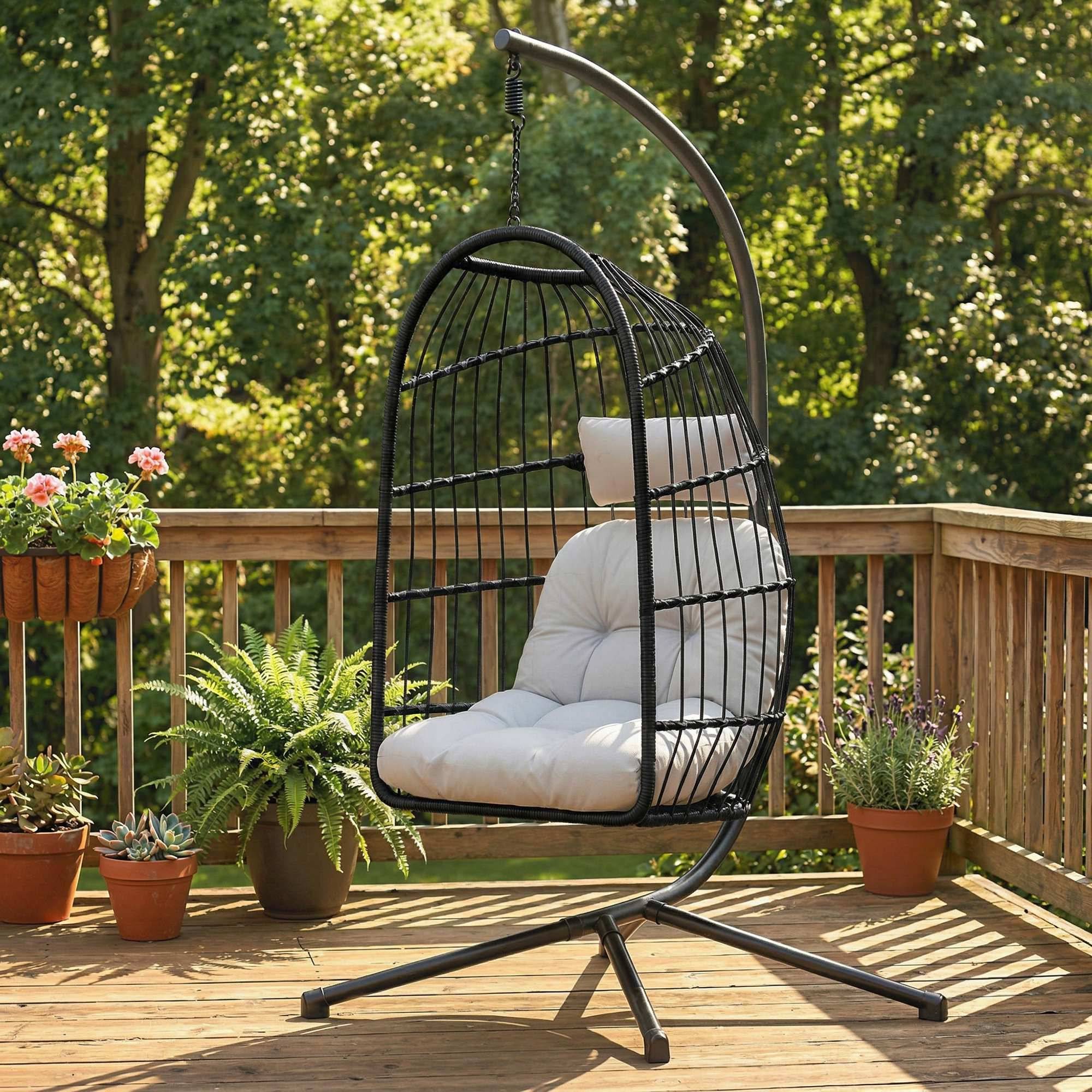 Fauteuil œuf suspendu pliable résine tressée jardin balcon coussin gris clair - ComfortXL Outdoor Living - Image 4