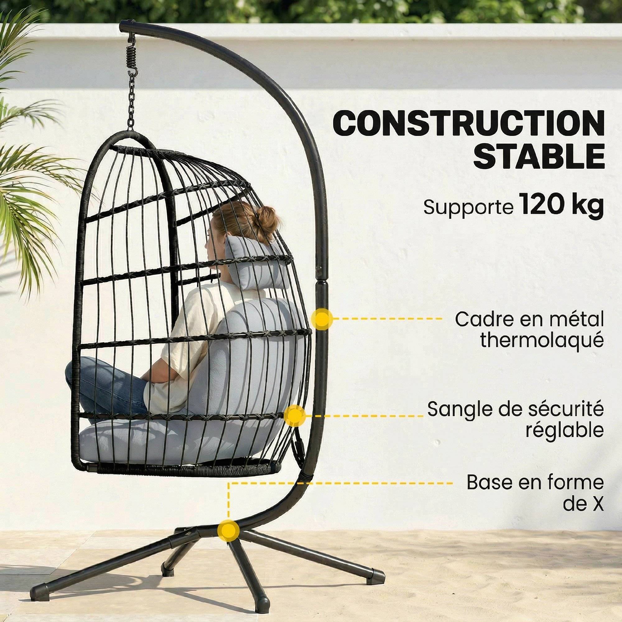 Fauteuil œuf suspendu pliable résine tressée jardin balcon coussin gris clair - ComfortXL Outdoor Living - Image 6