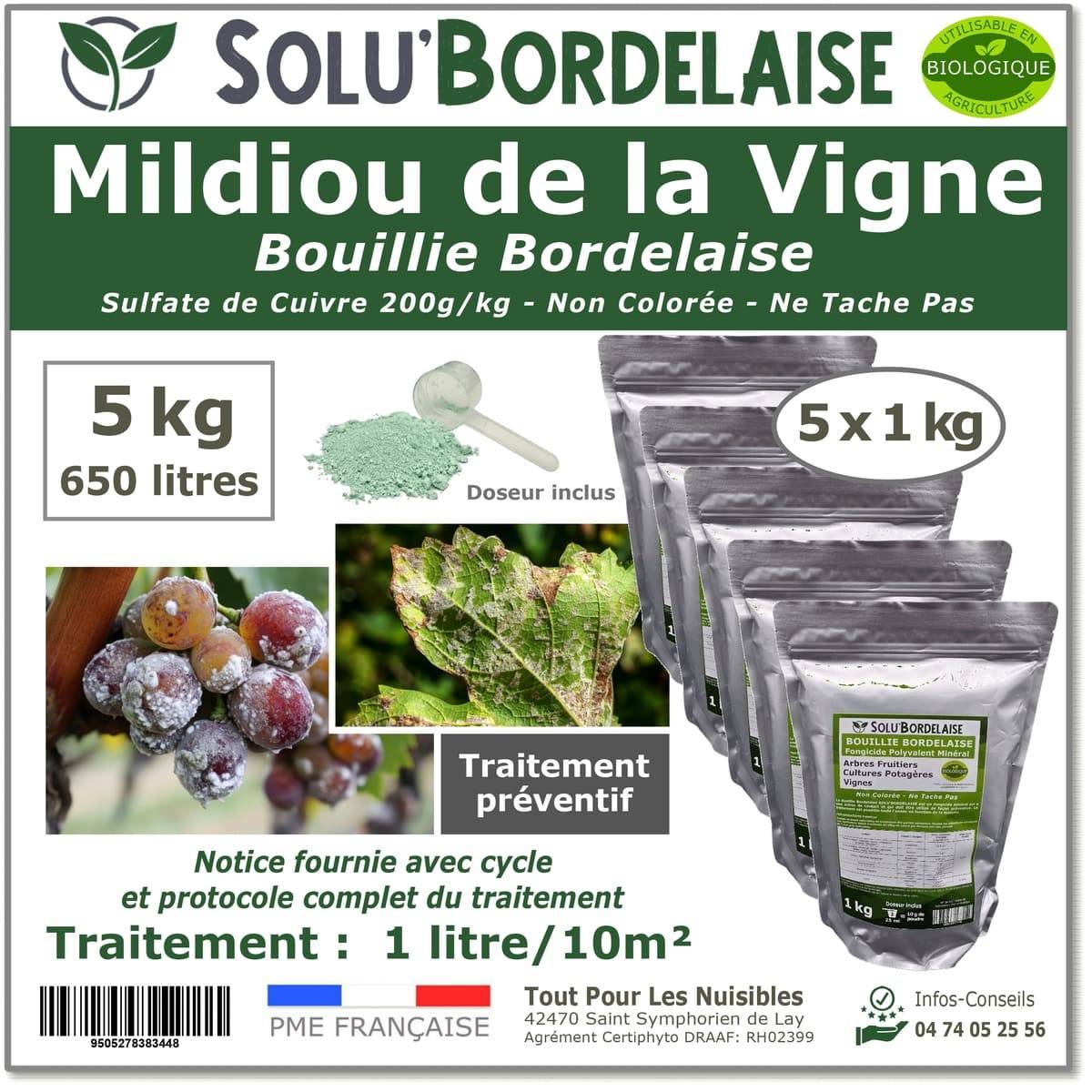 Solu'Bordelaise - 5 kg de Bouillie Bordelaise - Mildiou de la Vigne - Utilisable Agriculture Biologique -  5 Sachets Refermable de 1 kg - Image 1