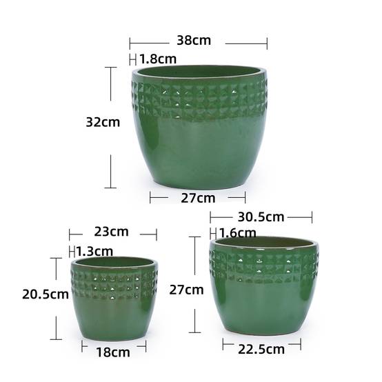 Ensemble de 3 pots de fleurs en céramique avec motif losange vert, Ø 38,1/30,5/22,9 cm - PANGIVO - Image 7