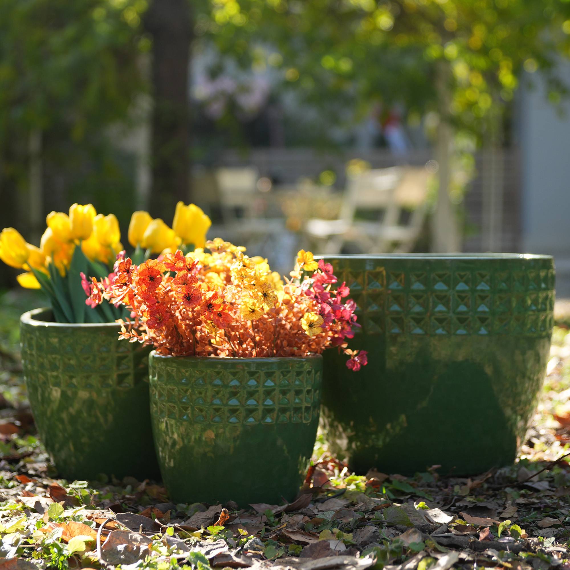 Ensemble de 3 pots de fleurs en céramique avec motif losange vert, Ø 38,1/30,5/22,9 cm - PANGIVO
