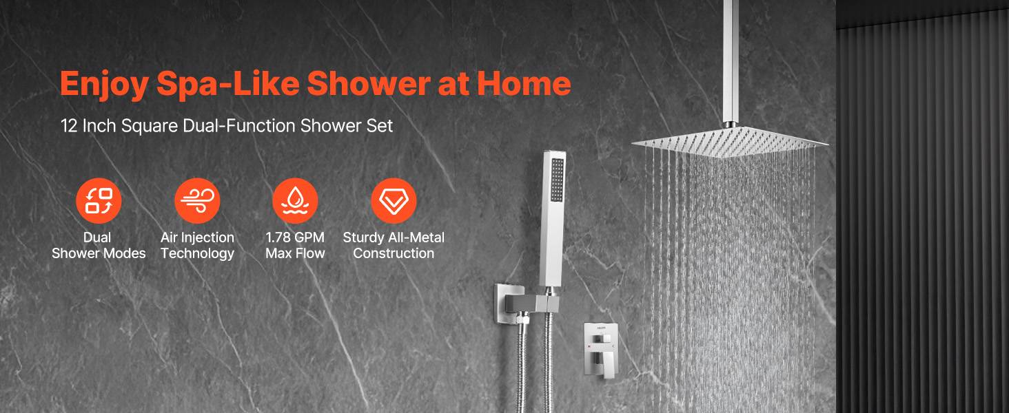 VEVOR Kit Robinet de Douche avec Douchette de Tête Carrée 30,5 cm et à Main - Image 9