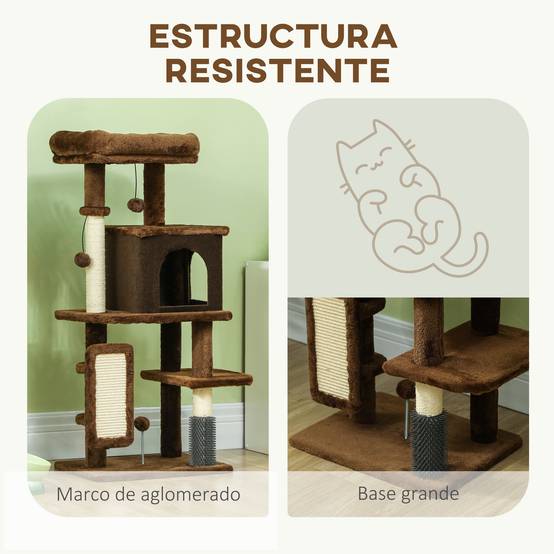 Arbre à chat à griffer 104 cm avec plateformes, poteau à brosse, balles suspendues et tapis à griffer (marron) - Image 7