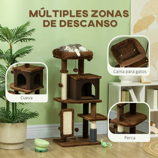 Arbre à chat à griffer 104 cm avec plateformes, poteau à brosse, balles suspendues et tapis à griffer (marron) - Image 5