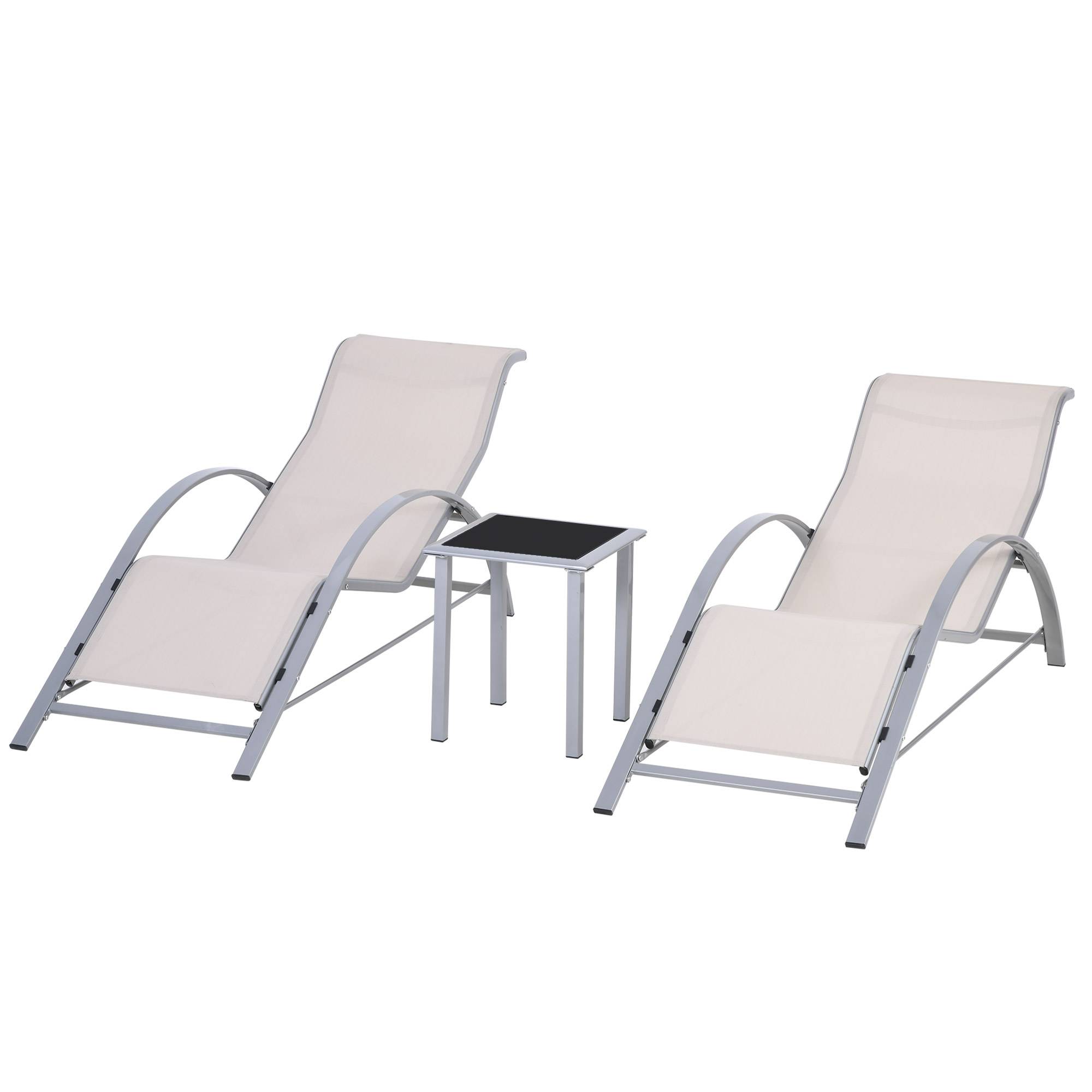 Lot de 2 Chaises Longues de Jardin avec Table d’Appoint en Verre Trempé, Dossier et Accoudoirs, Patio/Piscine/Terrasse, Beige - Image 1