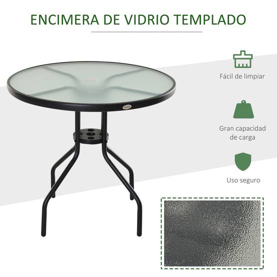 Table de Jardin Ronde Ø80 x 72 cm en Verre Trempé, Structure Métal, Trou Parasol, Patio/Terrasse/Balcon, Noire - Image 7