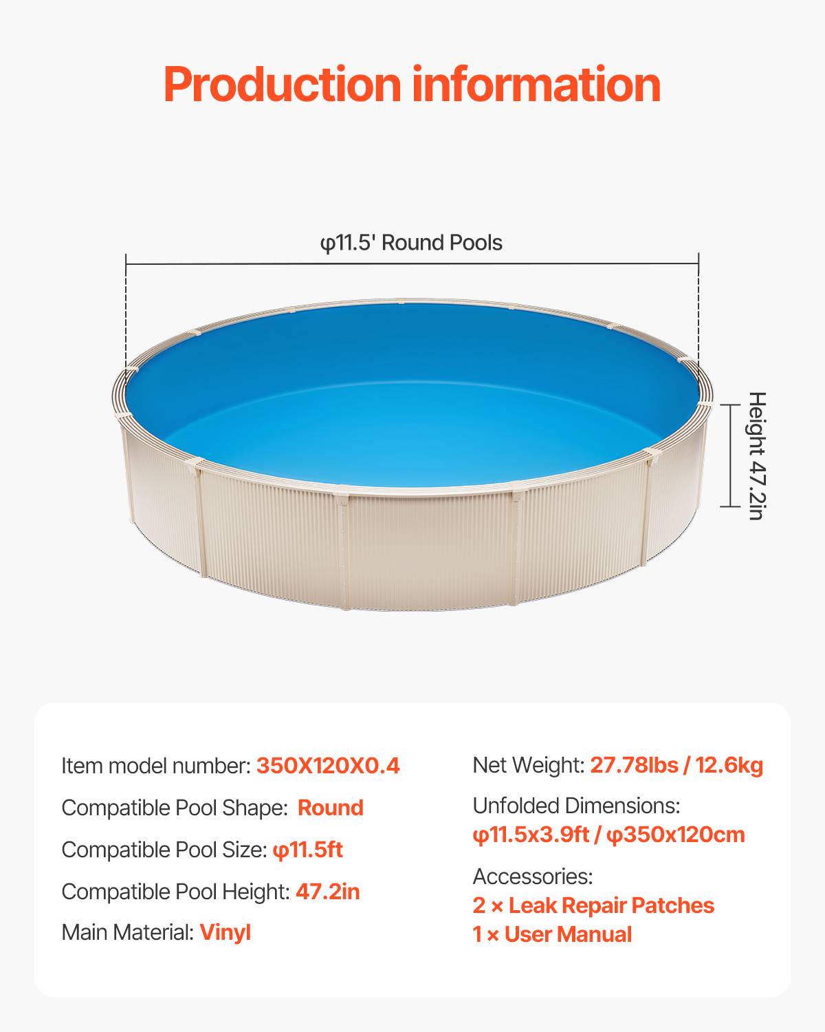 VEVOR Revêtement piscine ronde 350x120cm vinyle Unibead, résistant à l'usure, pour piscines hors sol 120cm. - Image 7