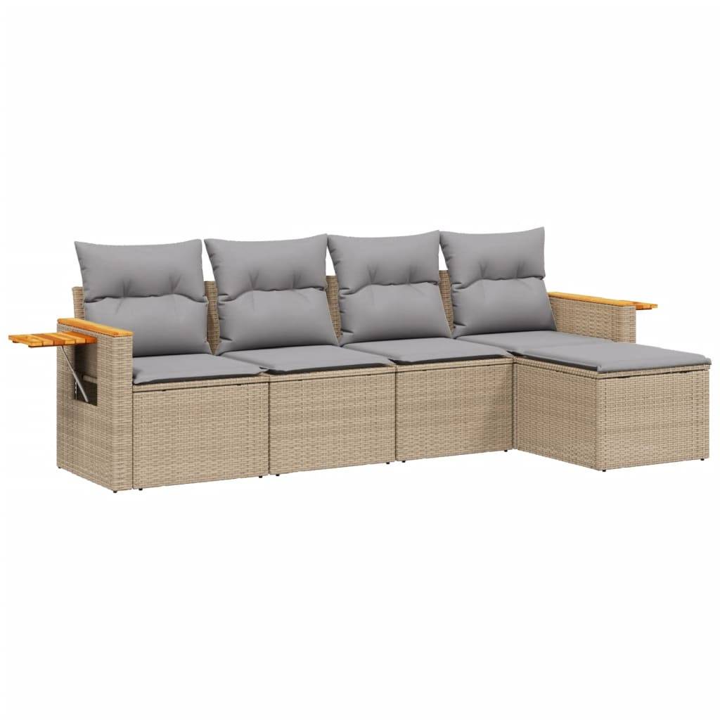 Ensemble canapé de jardin 5 places modulable en poly rotin avec pouf pour balcon Beige et Gris – ComfortXL Outdoor Living - Image 2