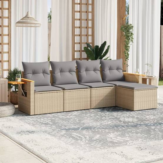 Ensemble canapé de jardin 5 places modulable en poly rotin avec pouf pour balcon Beige et Gris – ComfortXL Outdoor Living - Image 1