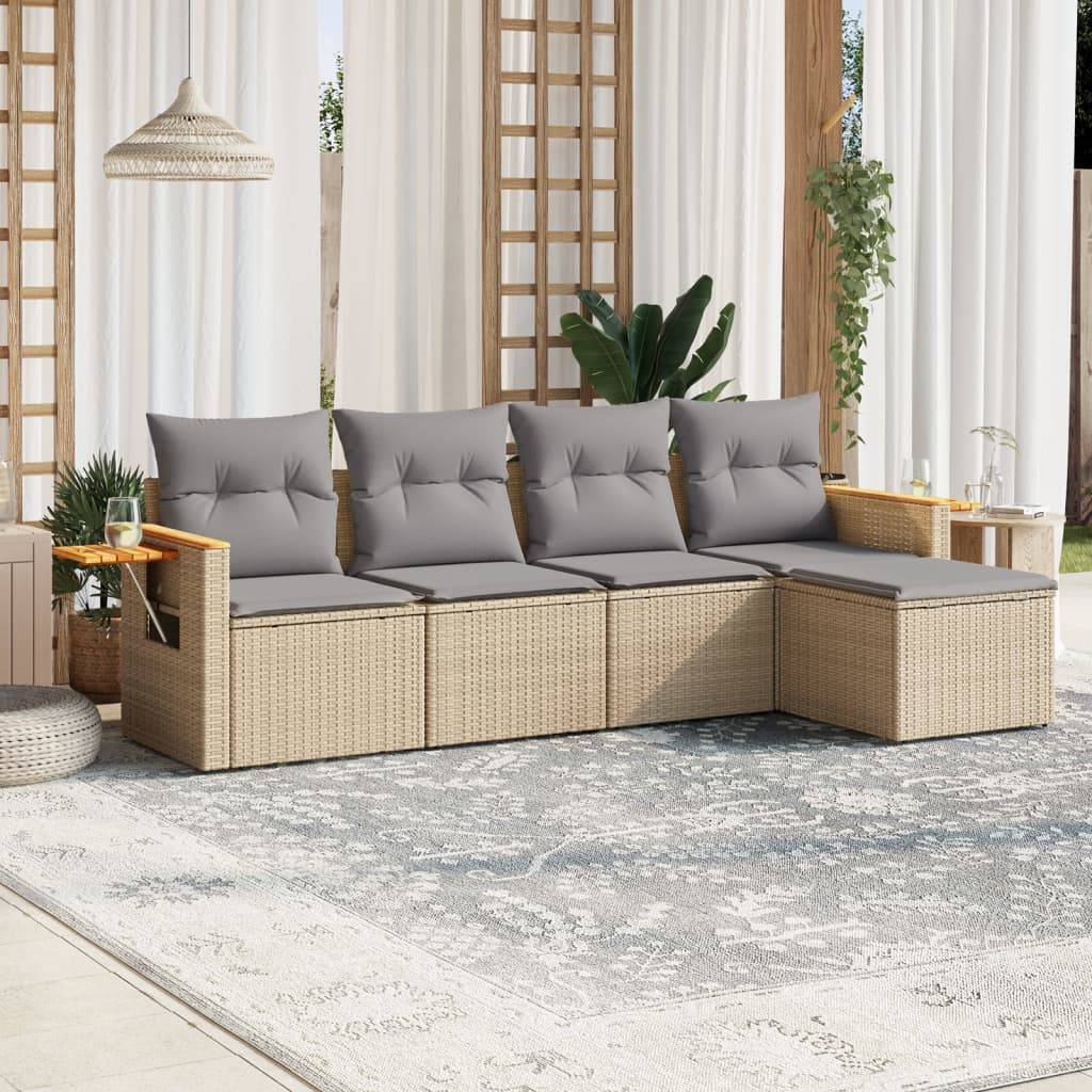 Ensemble canapé de jardin 5 places modulable en poly rotin avec pouf pour balcon Beige et Gris – ComfortXL Outdoor Living - Image 1