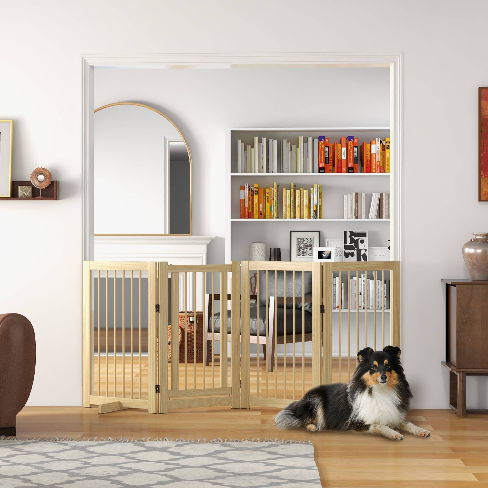 Sans Marque - Barrière pliante pour chien, autonome, avec porte et pieds, cadre en bois, 220x36x91 cm - Image 3