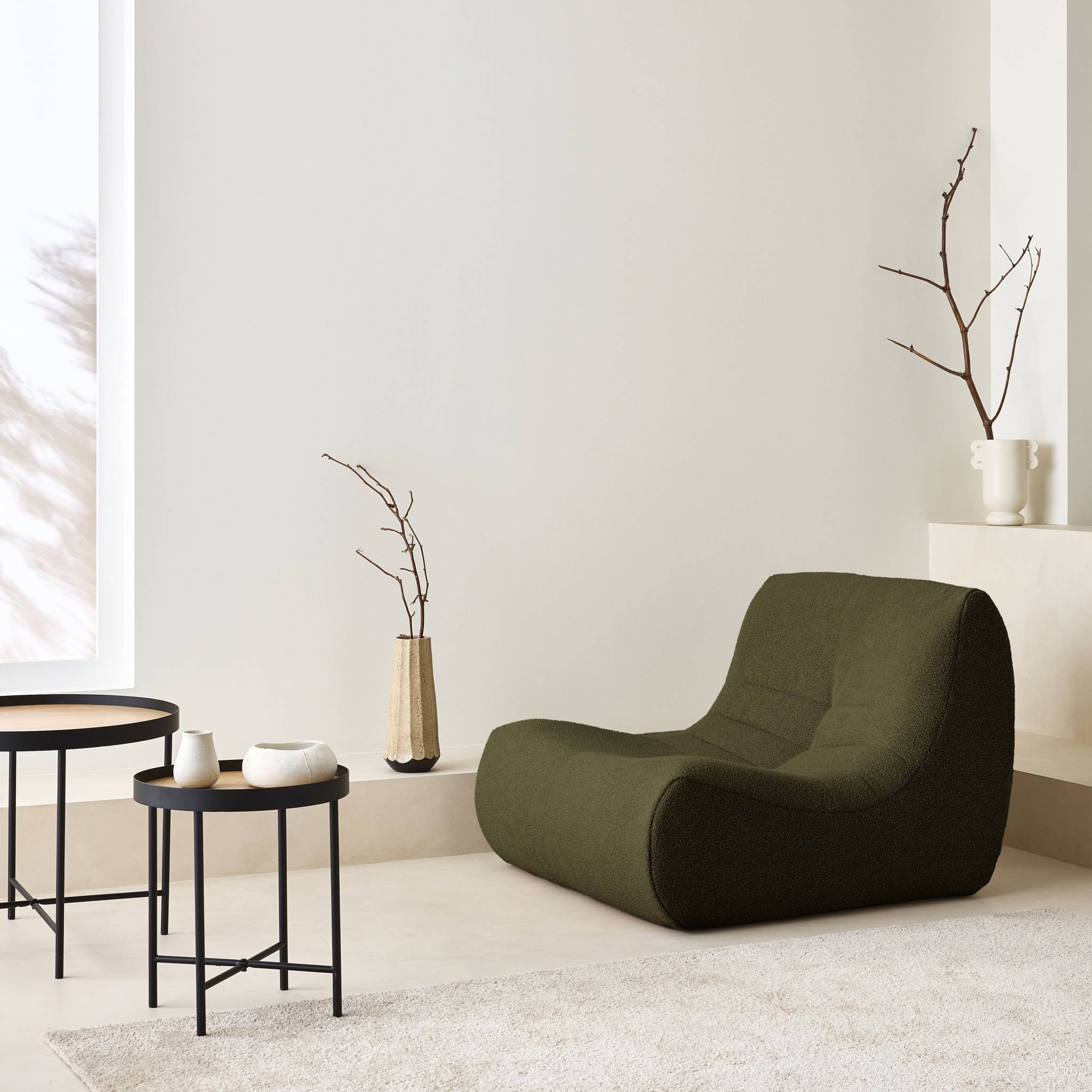 Fauteuil chauffeuse en bouclette texturée kaki foncé style contemporain 1 place | sweeek - Image 3