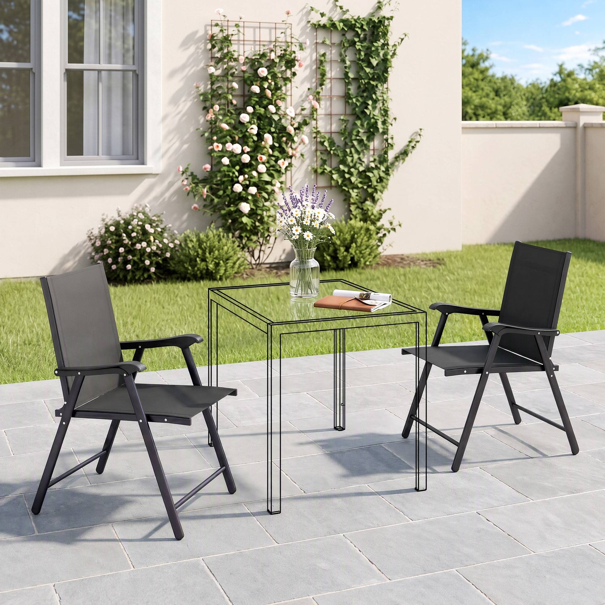 ComfortXL - Lot de 2 chaises pliantes jardin acier textilène noir 58 x 62 x 97 cm dossier haut pour terrasse sans montage