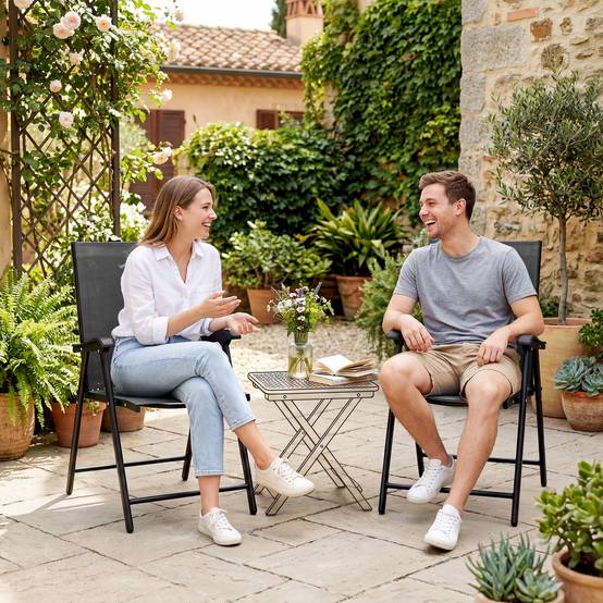 ComfortXL - Lot de 2 chaises pliantes jardin acier textilène noir 58 x 62 x 97 cm dossier haut pour terrasse sans montage - Image 8