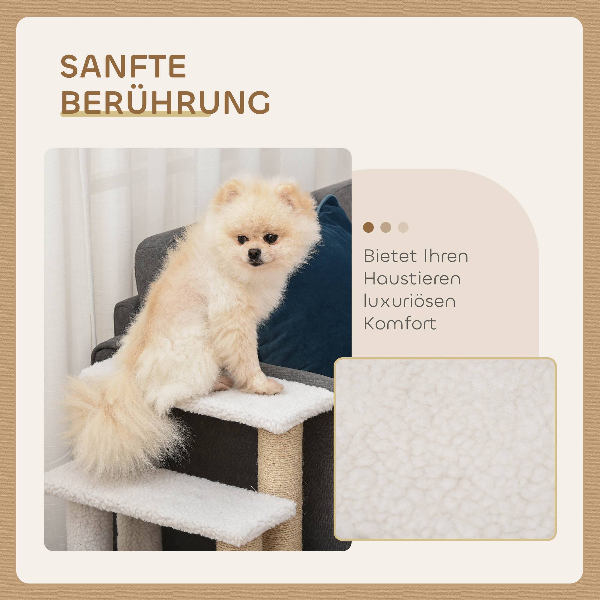 Escalier chat 4 marches, griffoirs, balle, escalier chien, peluche jute, 60x40x64cm, blanc - Image 8