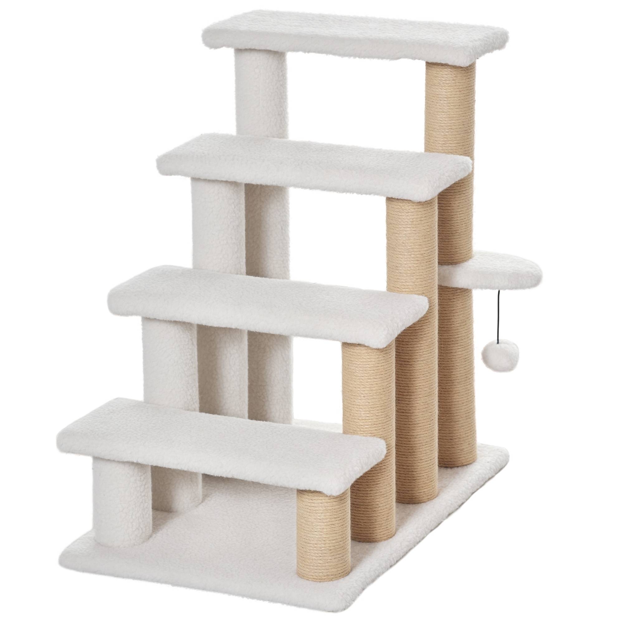 Escalier chat 4 marches, griffoirs, balle, escalier chien, peluche jute, 60x40x64cm, blanc - Image 1