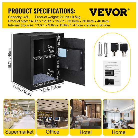 VEVOR Coffre-fort biométrique 48L, empreintes/combi/clés, acier anti-effraction, 4 types, noir. - Image 7