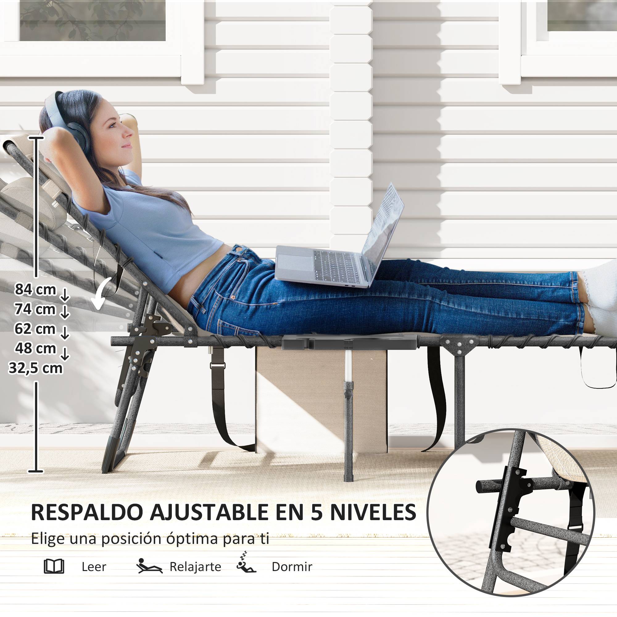Transat pliant avec dossier réglable, appui-tête, poche latérale, tablette et structure en acier, 190 x 60 x 31 cm, crème - Image 6