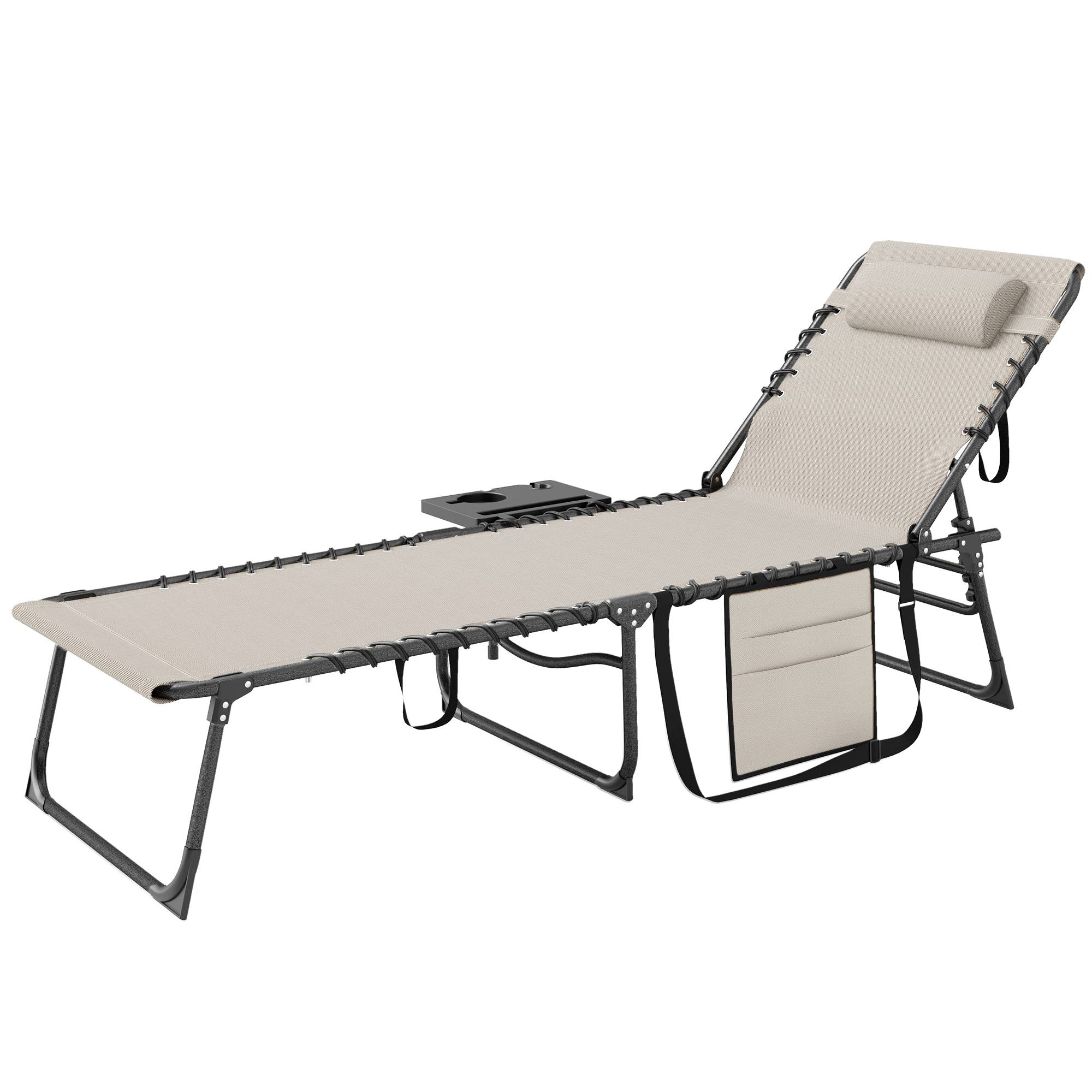Transat pliant avec dossier réglable, appui-tête, poche latérale, tablette et structure en acier, 190 x 60 x 31 cm, crème - Image 2