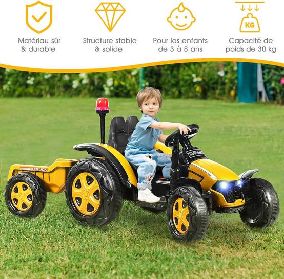 Tracteur Electrique 12V 7AH avec Remorque et Télécommande 2.4G(Jaune) - Image 1