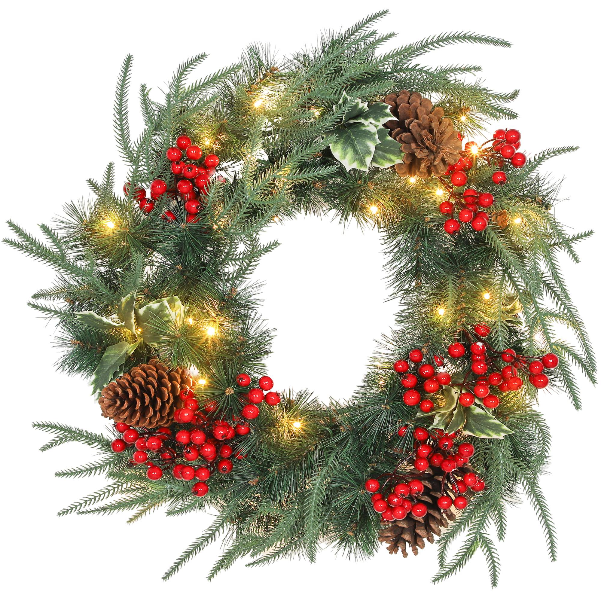 Couronne de Noël de 60 cm avec lumières LED blanches, minuterie, pommes de pin, baies et houx, verte - Image 1