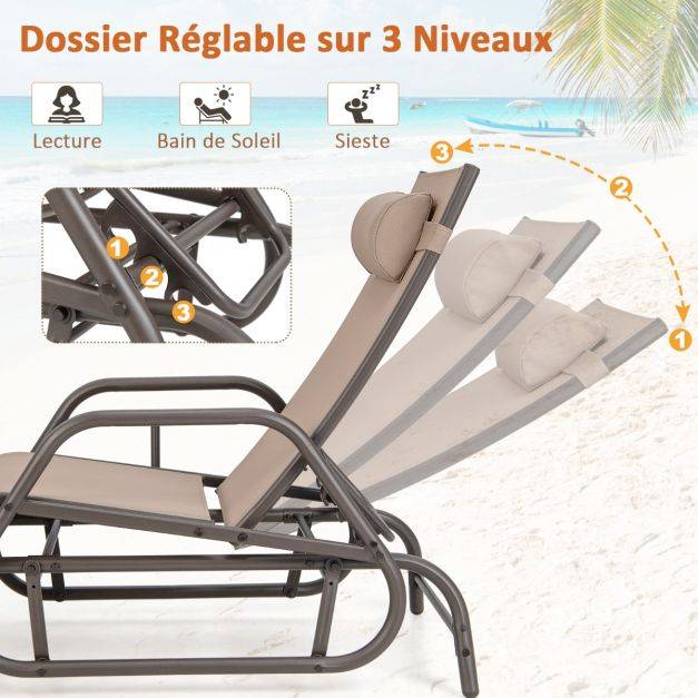 Helloshop26 - Bain de soleil design à glissement à dossier réglable 3 positions transat jardin extérieur cadre métal avec accoudoirs - Imagen 2
