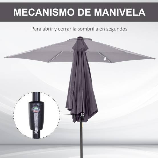 Parasol de jardin en aluminium gris, Ø 260 x 235 cm, inclinable, avec manivelle et 6 baleines métalliques, idéal pour terrasse et balcon. - Image 7