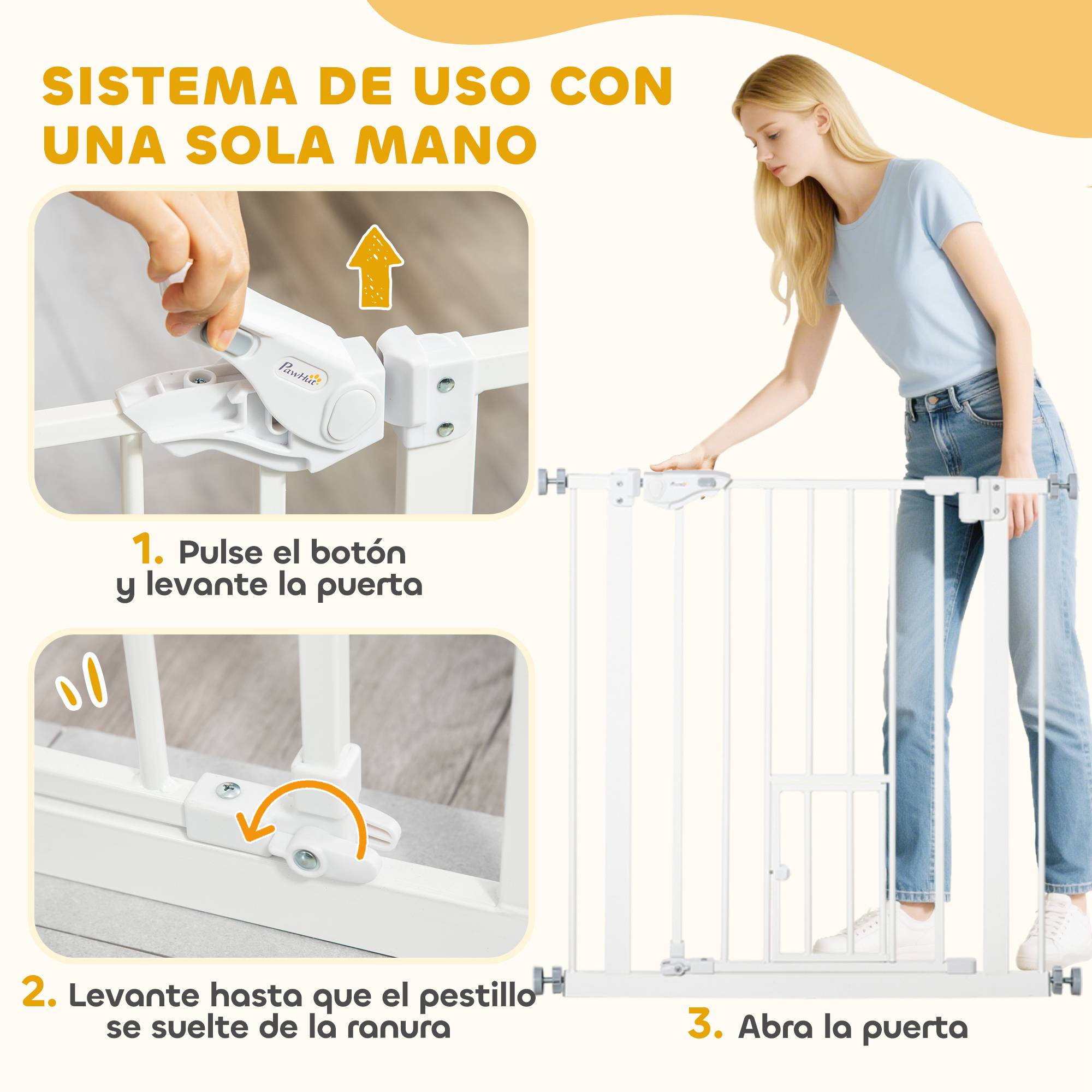 Barrière de sécurité extensible avec petite porte à fermeture automatique et double système de verrouillage 74-80 x 76,2 cm Blanc - Image 8