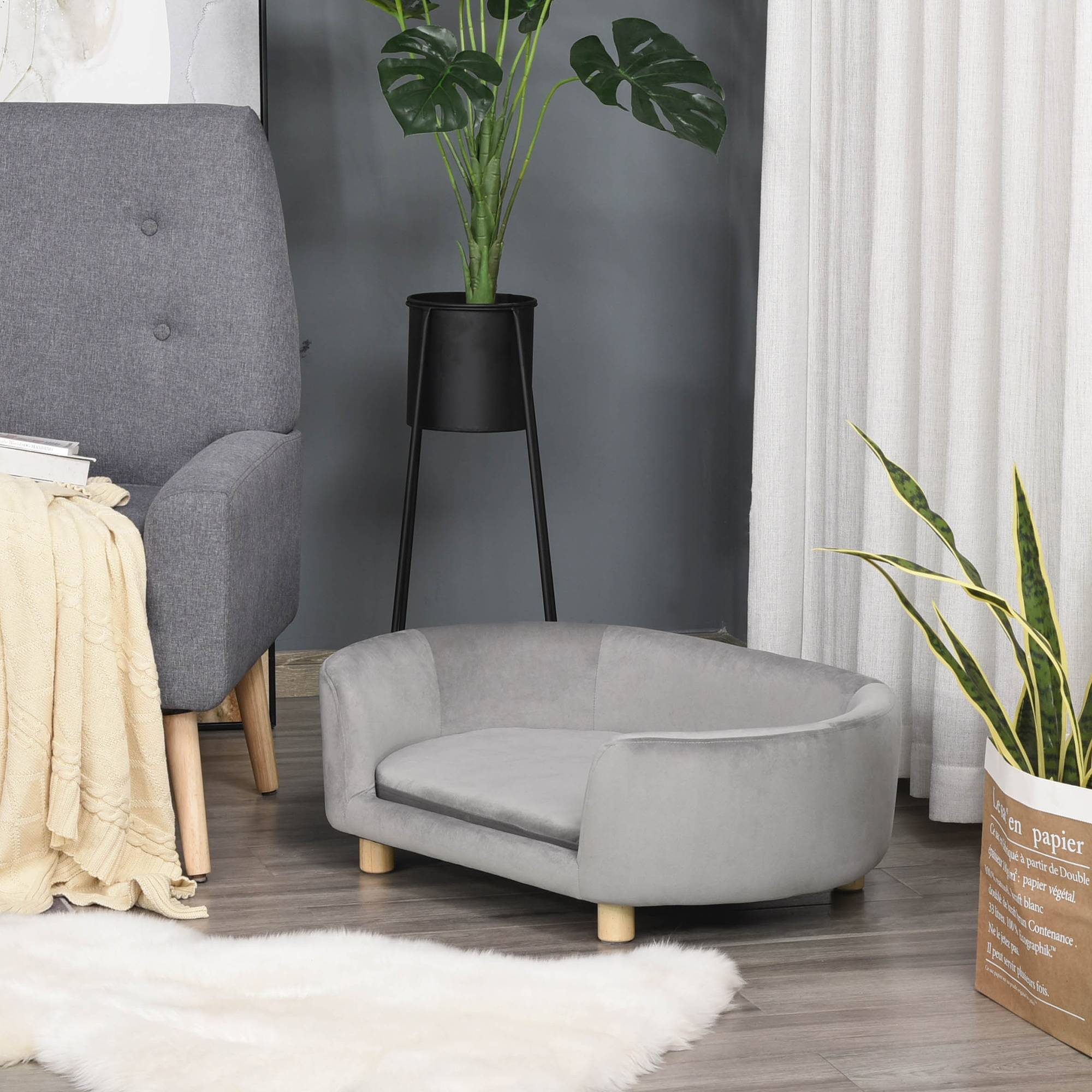 ComfortXL - Canapé pour Chien en Velours sur Pieds Bois Lit Confortable avec Housse Lavable 86x55 cm Gris Clair - ComfortXL Outdoor Living - Image 4