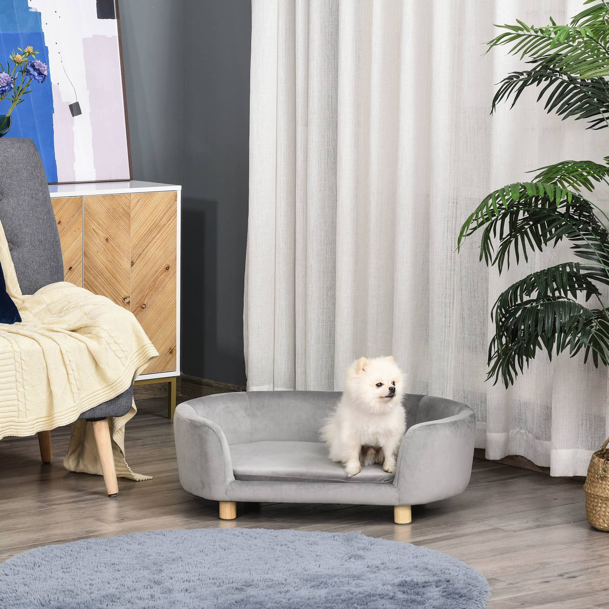 ComfortXL - Canapé pour Chien en Velours sur Pieds Bois Lit Confortable avec Housse Lavable 86x55 cm Gris Clair - ComfortXL Outdoor Living - Image 3