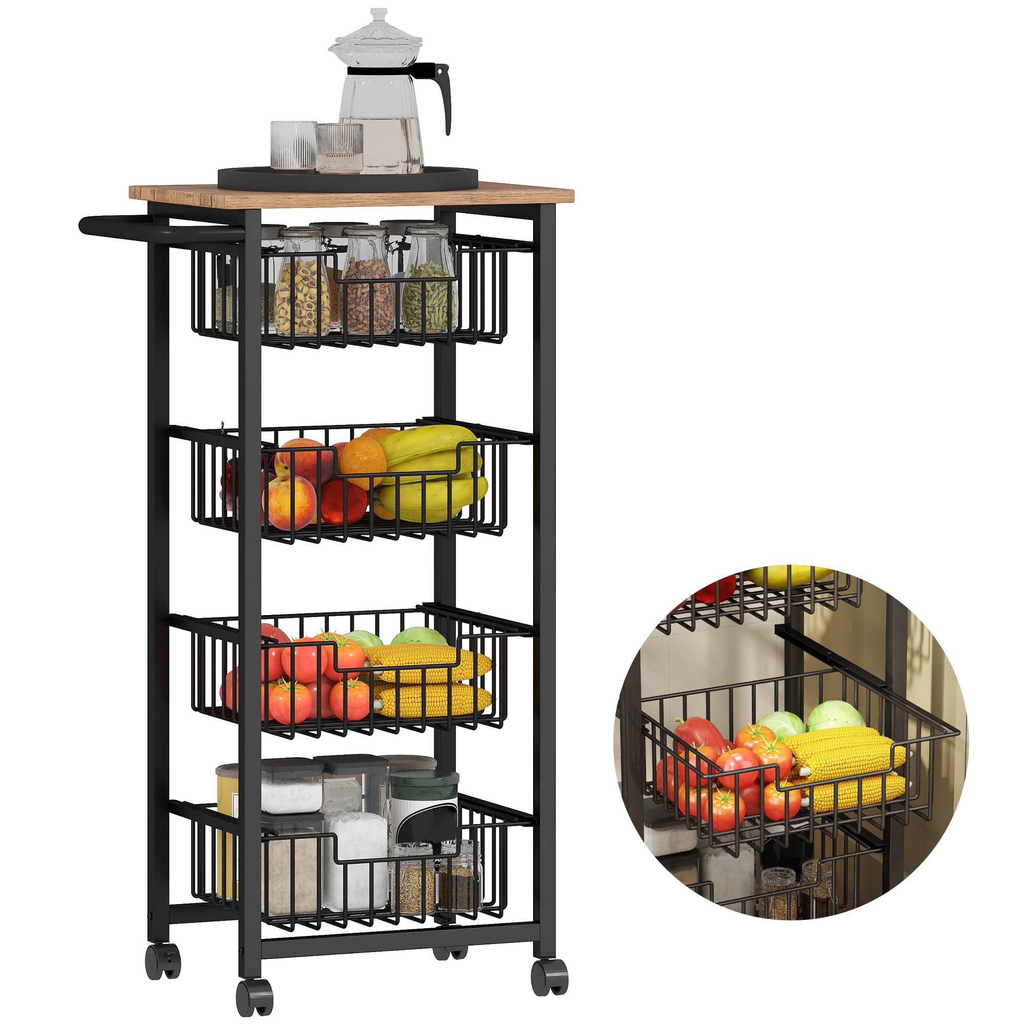 Sans Marque - Chariot légumes cuisine 4 paniers coulissants structure acier 49,5x31x91 cm Chêne - Image 1
