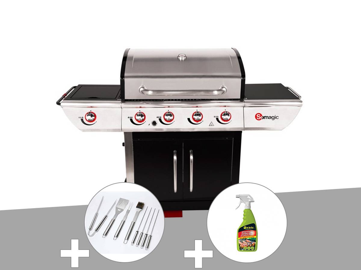 Somagic - Barbecue à gaz avec chariot Manhattan 450GPI + plancha + Malette de 8 accessoires inox + Dégraissant pour barbecue