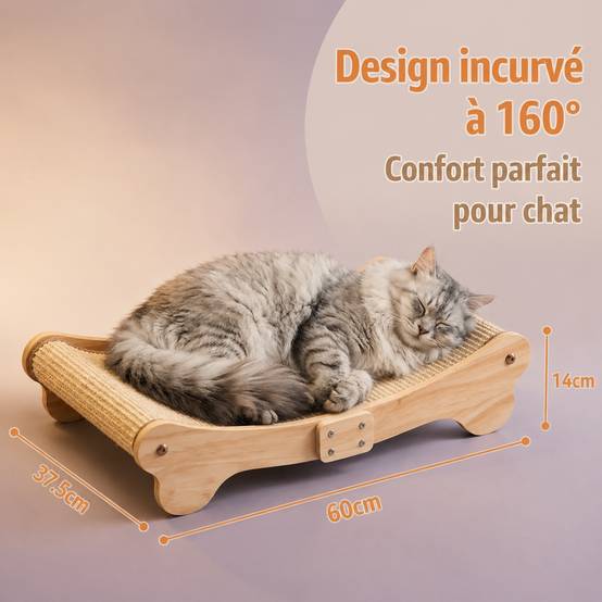 Lit de Chat Griffoir en Sisal et Bois Massif Design Ergonomique 3 en 1 pour Dormir et Griffer - Image 4