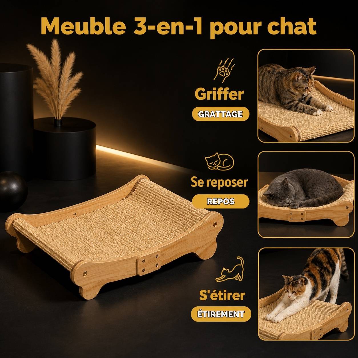 Lit de Chat Griffoir en Sisal et Bois Massif Design Ergonomique 3 en 1 pour Dormir et Griffer - Image 6