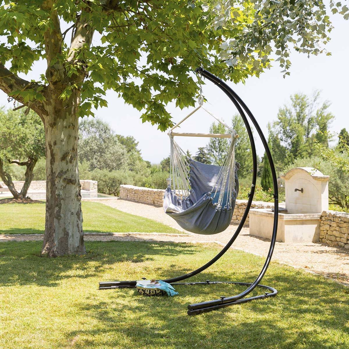 Hesperide - Chaise de détente suspendue "Cuenca" gris perle en coton naturel et bois Hespéride - Imagen 4