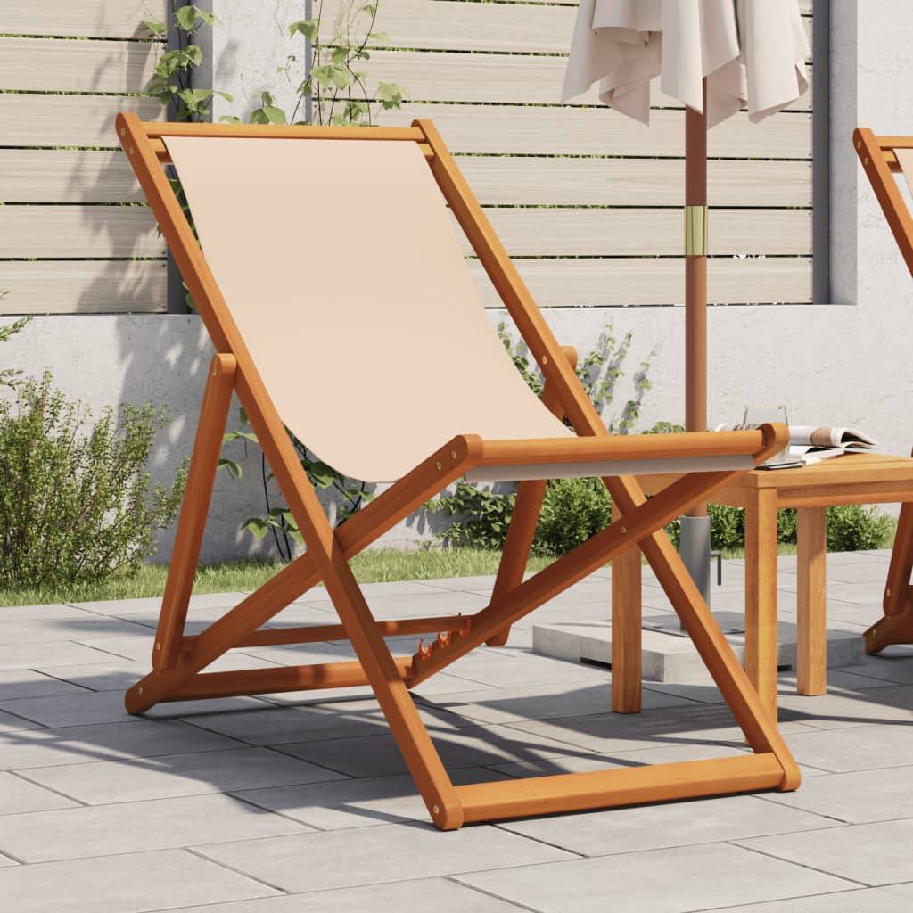 Maison Chic - Chaise pliable de plage - Bain de soleil - Transat beige bois massif d'eucalyptus et tissu HL137 - Image 2