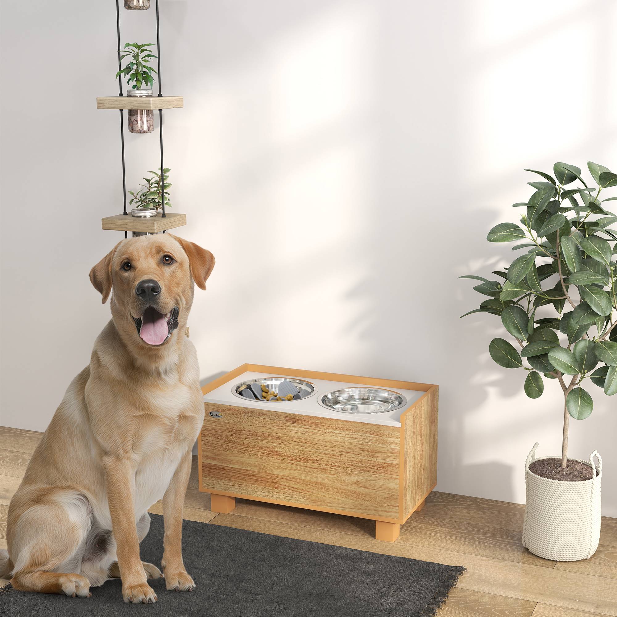 Sans Marque - Gamelle surélevée pour chien avec distributeur de croquettes amovible, gamelle d'eau et gamelle de nourriture en acier inoxydable, finition chêne - Image 3