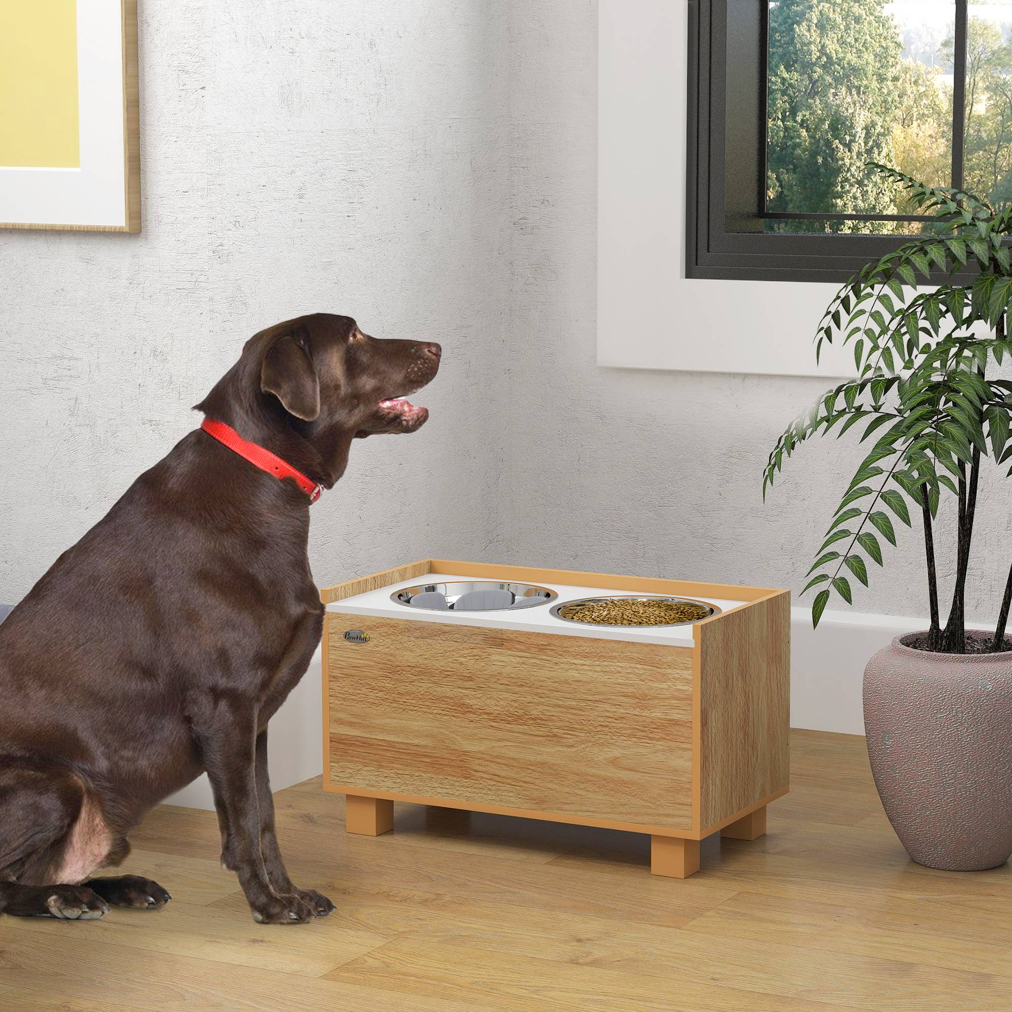 Sans Marque - Gamelle surélevée pour chien avec distributeur de croquettes amovible, gamelle d'eau et gamelle de nourriture en acier inoxydable, finition chêne - Image 4